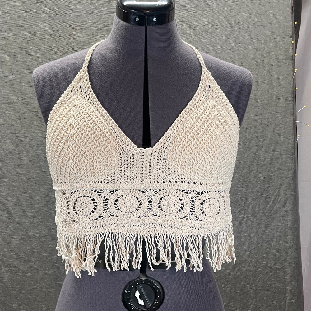 ROMWE Cream Crochet Fringe Halter Top